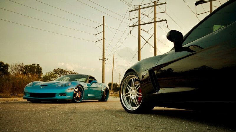 Two Corvette Cars — Blue, Dramatic, Sunset, Photograph