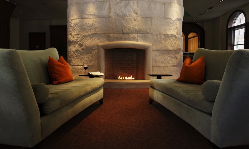 Two Couches by Fireplace — Green