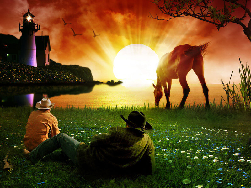 Two Cowboys in Field — Green