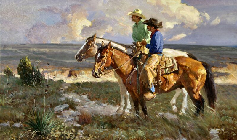 Two Cowboys on Horses — Brown, Dramatic