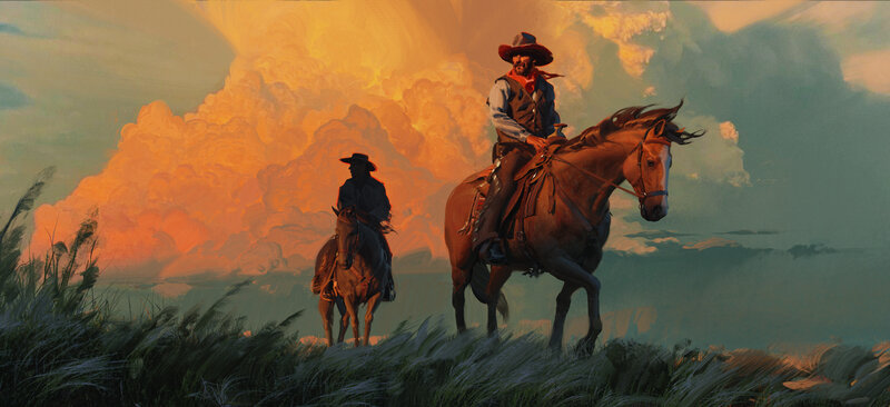 Two Cowboys on Horses — Orange, Dramatic