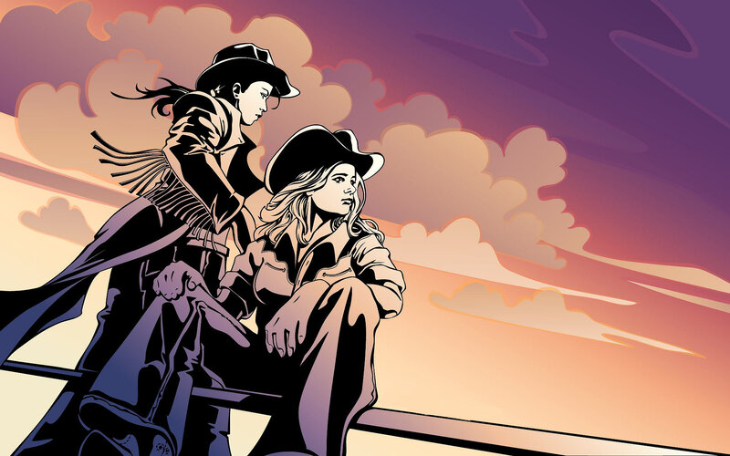 Two Cowgirls on a Train — Purple