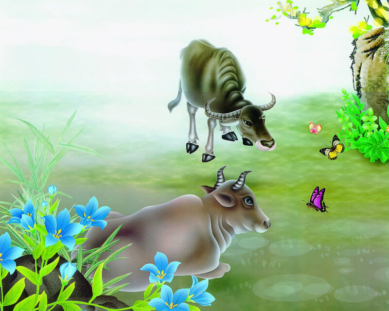 Two Cows in a Field — Green, Serene, Morning