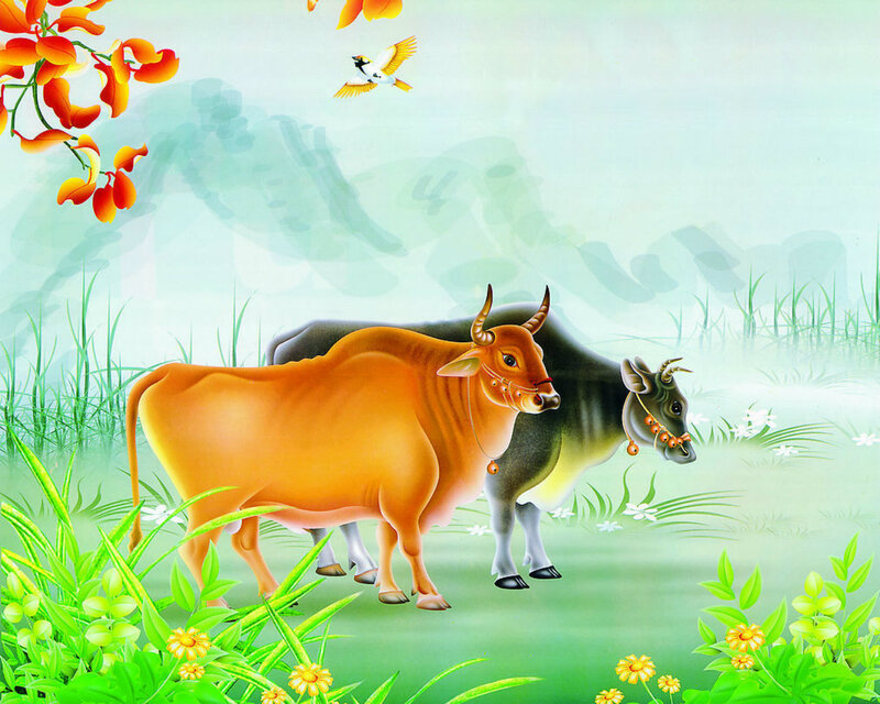 Two Cows in a Field — Green, Serene