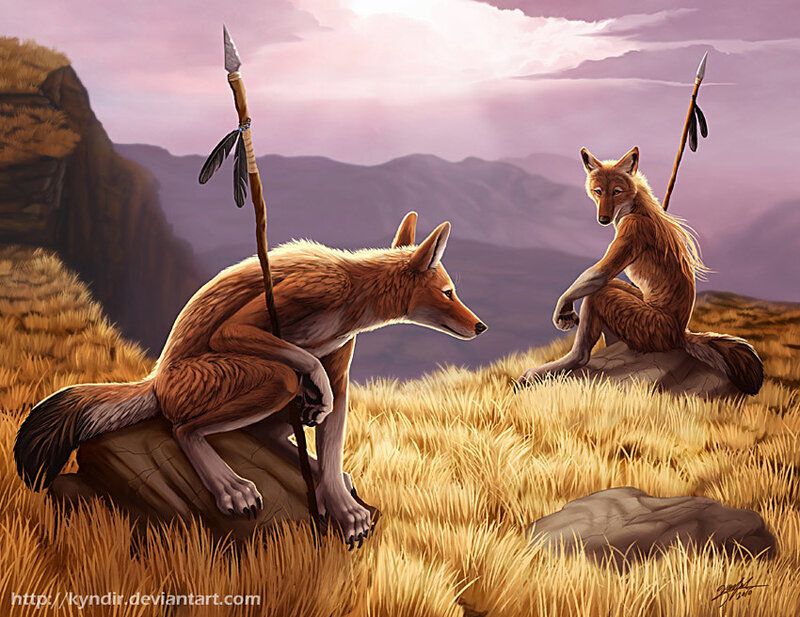 Two Coyotes with Spears