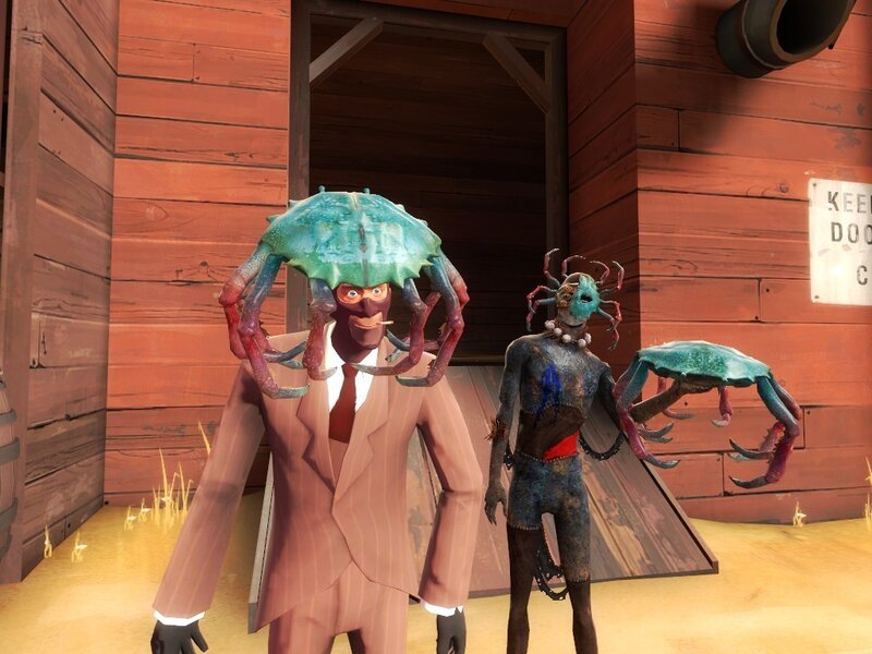 Two crab-headed characters in suits