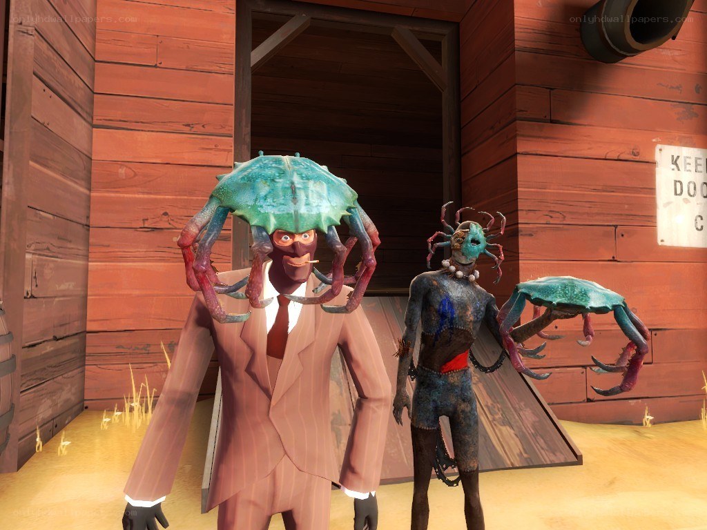 Two crab-headed characters in suits