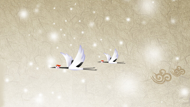 Two Cranes Flying — Beige