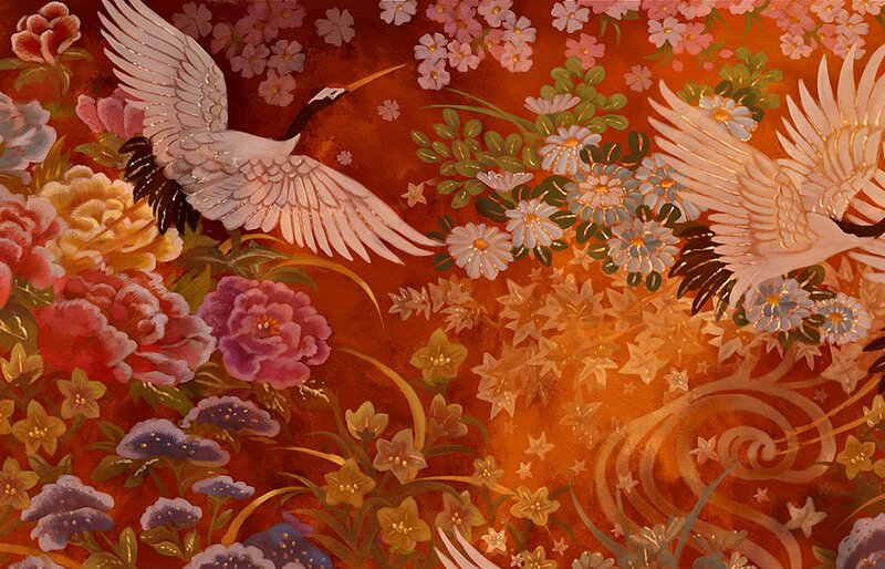 Two Cranes Flying — Orange, Serene