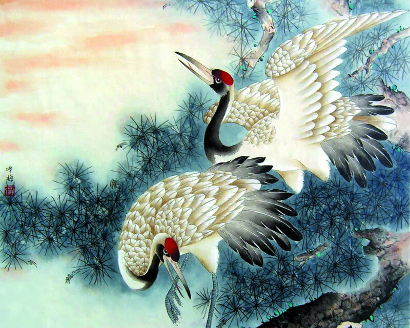 Two Cranes in Flight — White