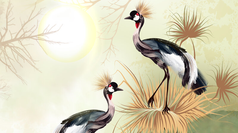 Two Crowned Cranes — Yellow, Serene