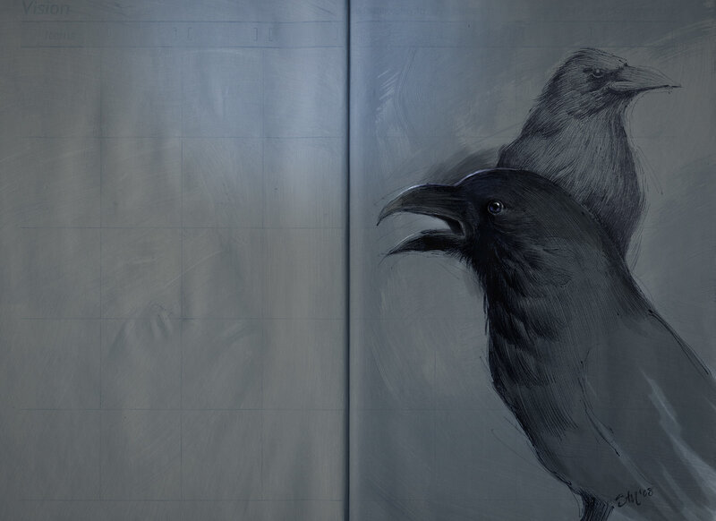 Two crows in a sketchbook