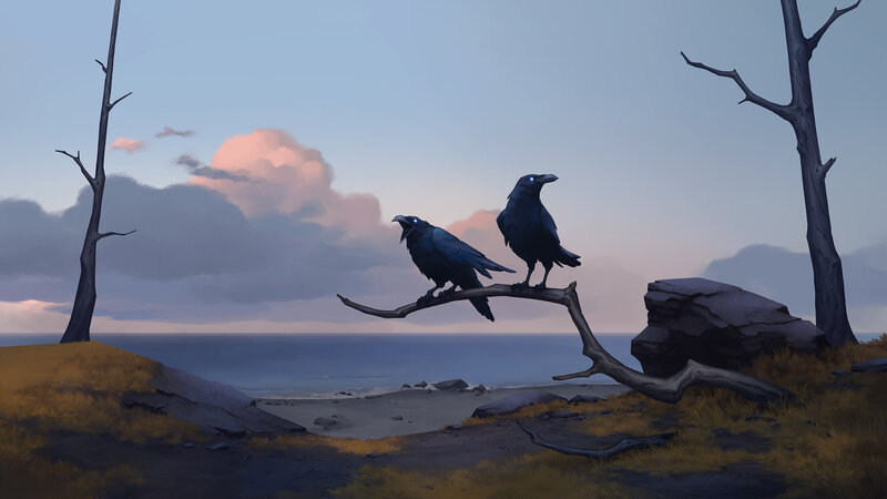 Two Crows on Branch — Blue, Serene
