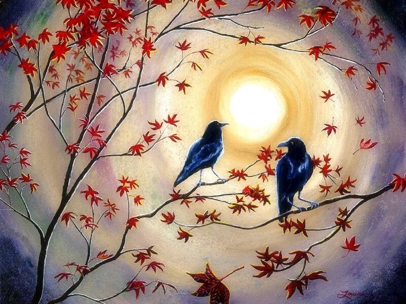 Two Crows on Branch — Red