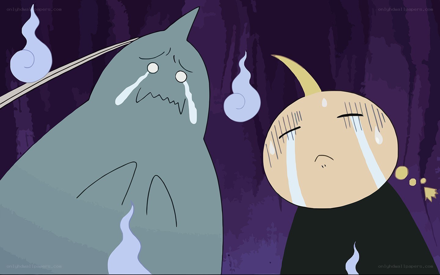 Two crying characters in a cave