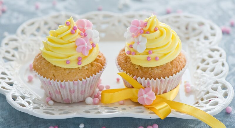 Two Cupcakes on Plate — Yellow, Festive