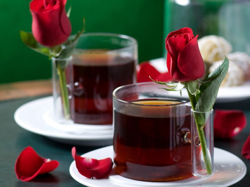 Two Cups of Tea with Roses — Red, Serene, Photograph