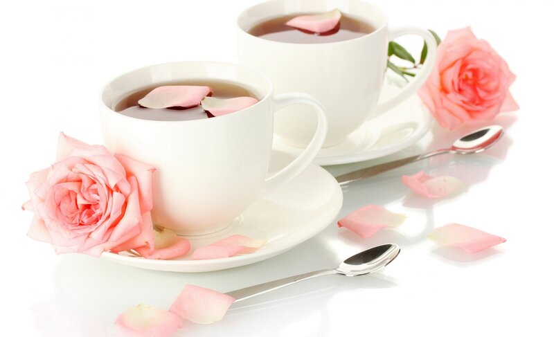 Two Cups of Tea with Roses — White, Serene