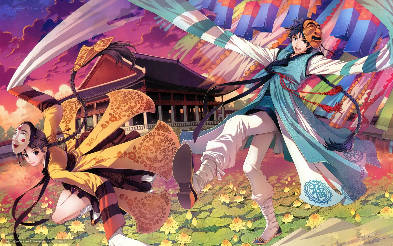 Two dancers in traditional Korean attire
