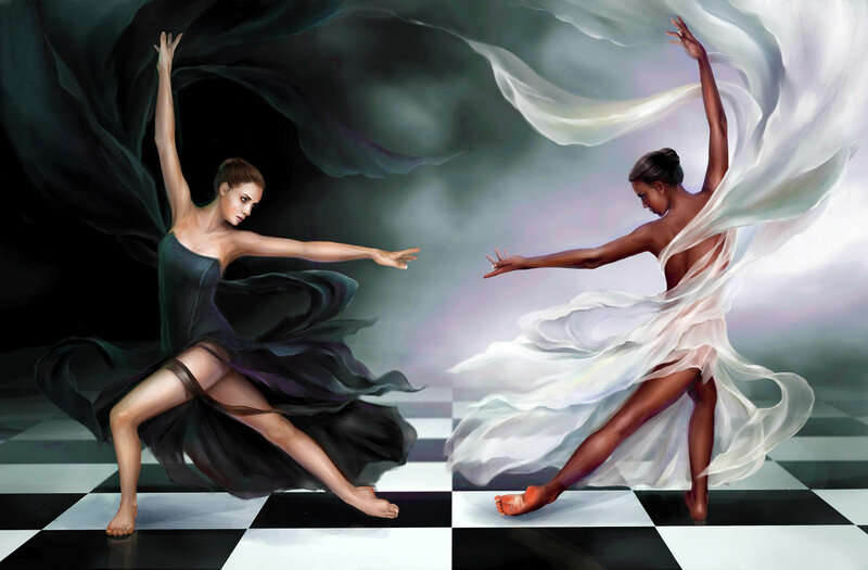 Two Dancers on Chessboard — Black, Dramatic