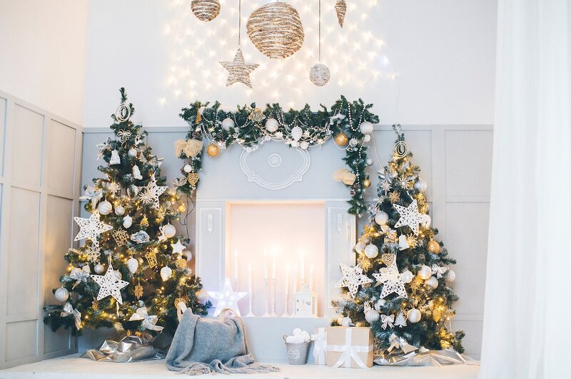 Two Decorated Christmas Trees — White, Festive