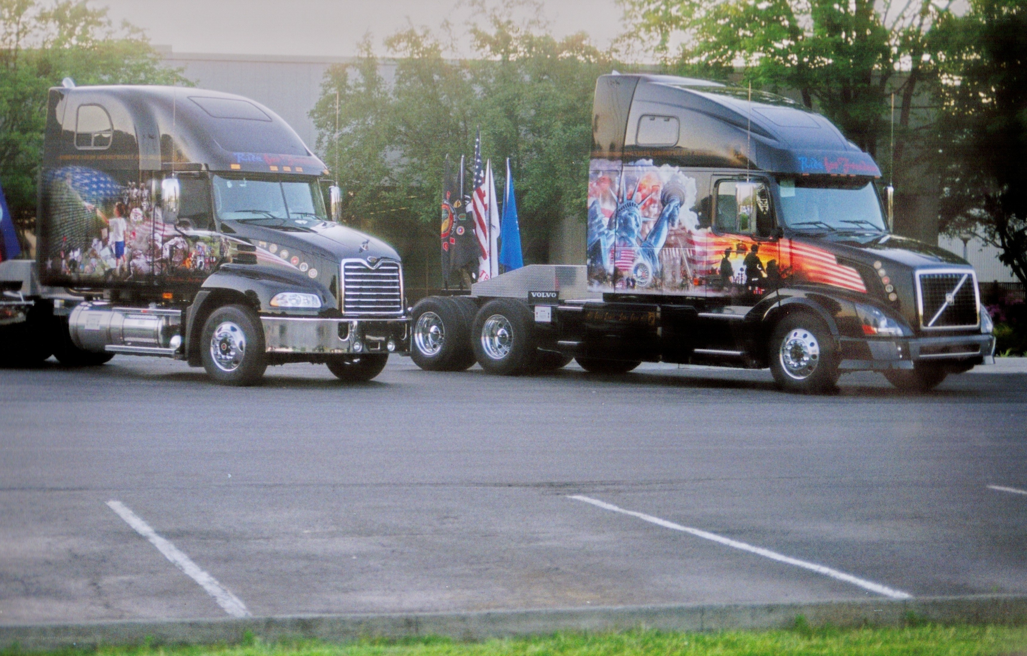 Two decorated semi-trucks parked