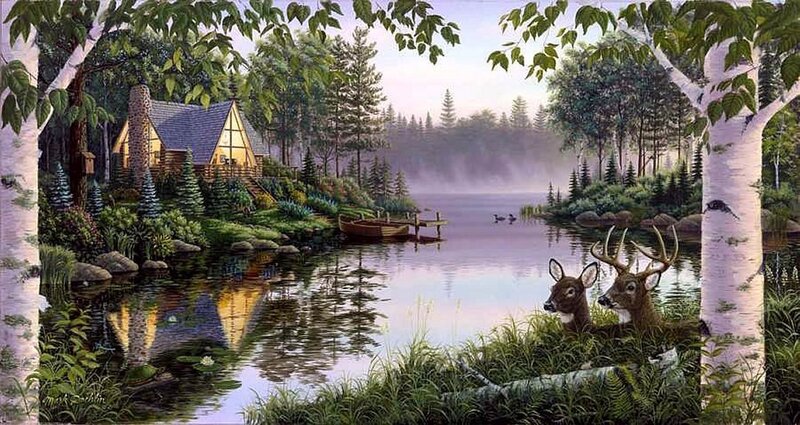Two Deer by Lake