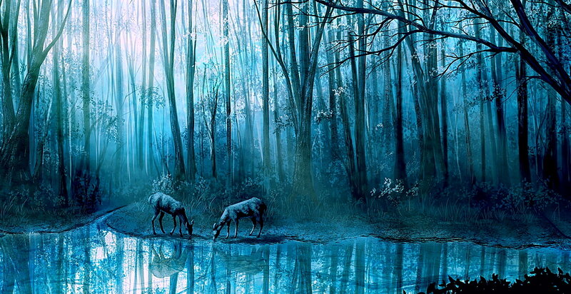 Two Deer Drinking Water — Blue, Serene