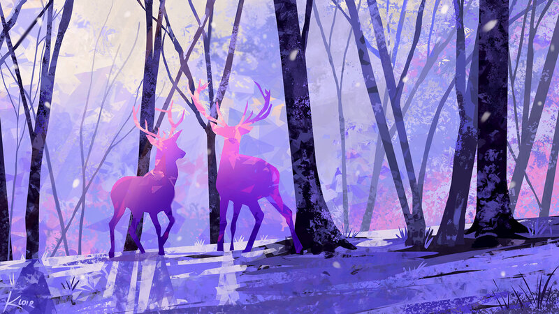 Two Deer in Forest — Purple