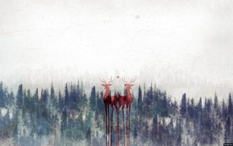 Two Deer in Forest — Red
