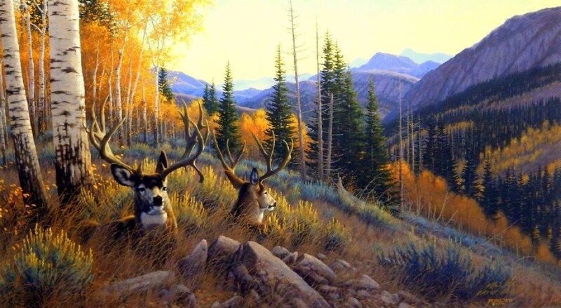 Two Deer in Forest — Yellow, Serene