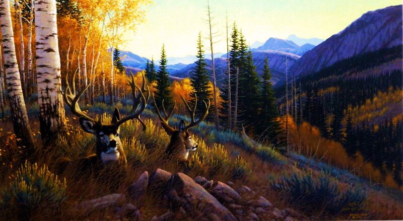 Two Deer in Forest — Yellow