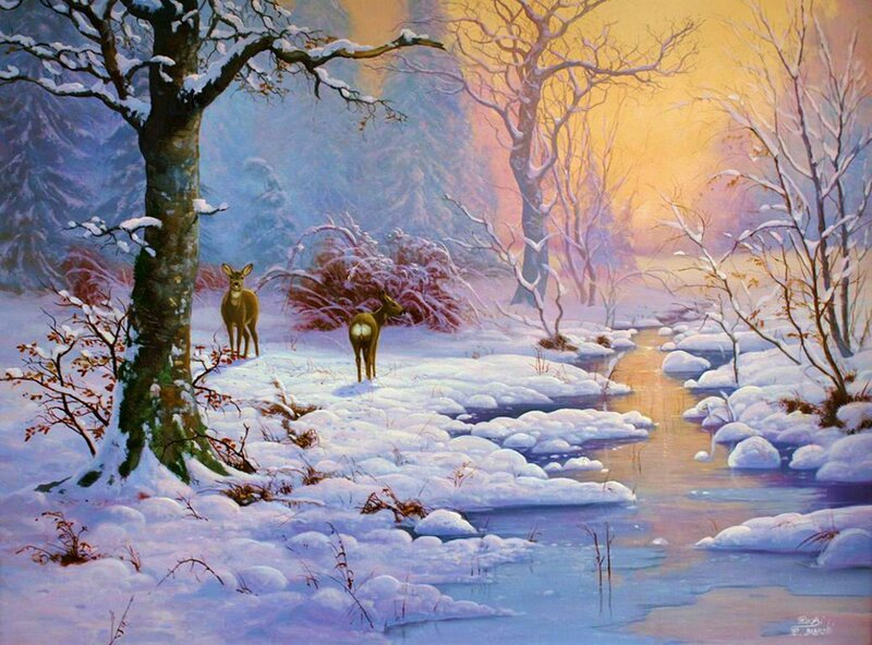 Two Deer in Snow — White, Serene, Winter, Painting