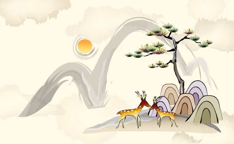Two Deer under a Tree — Beige