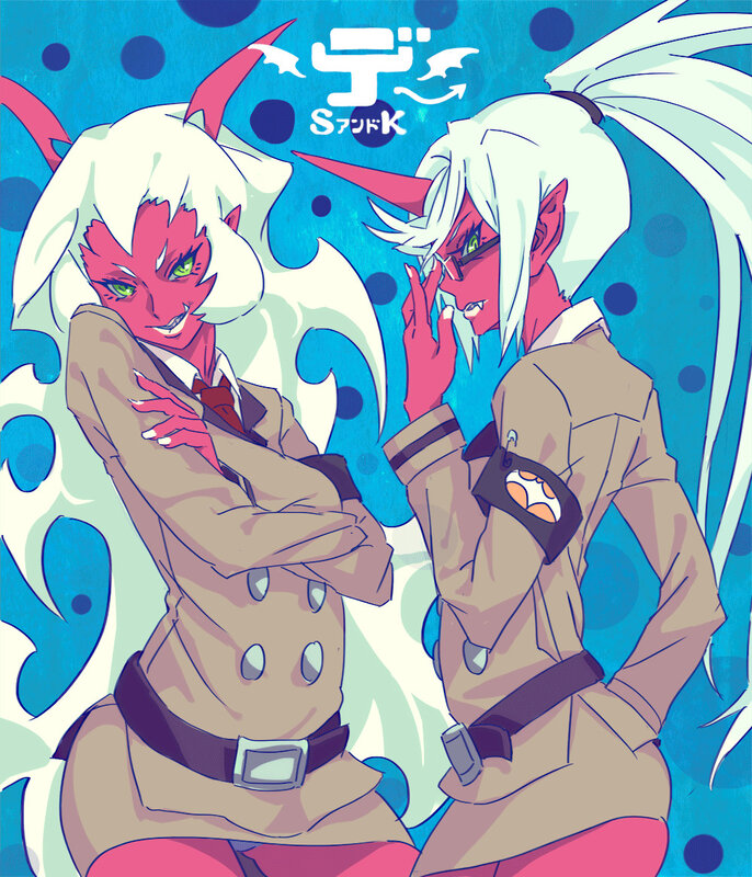 Two demon characters in school uniforms