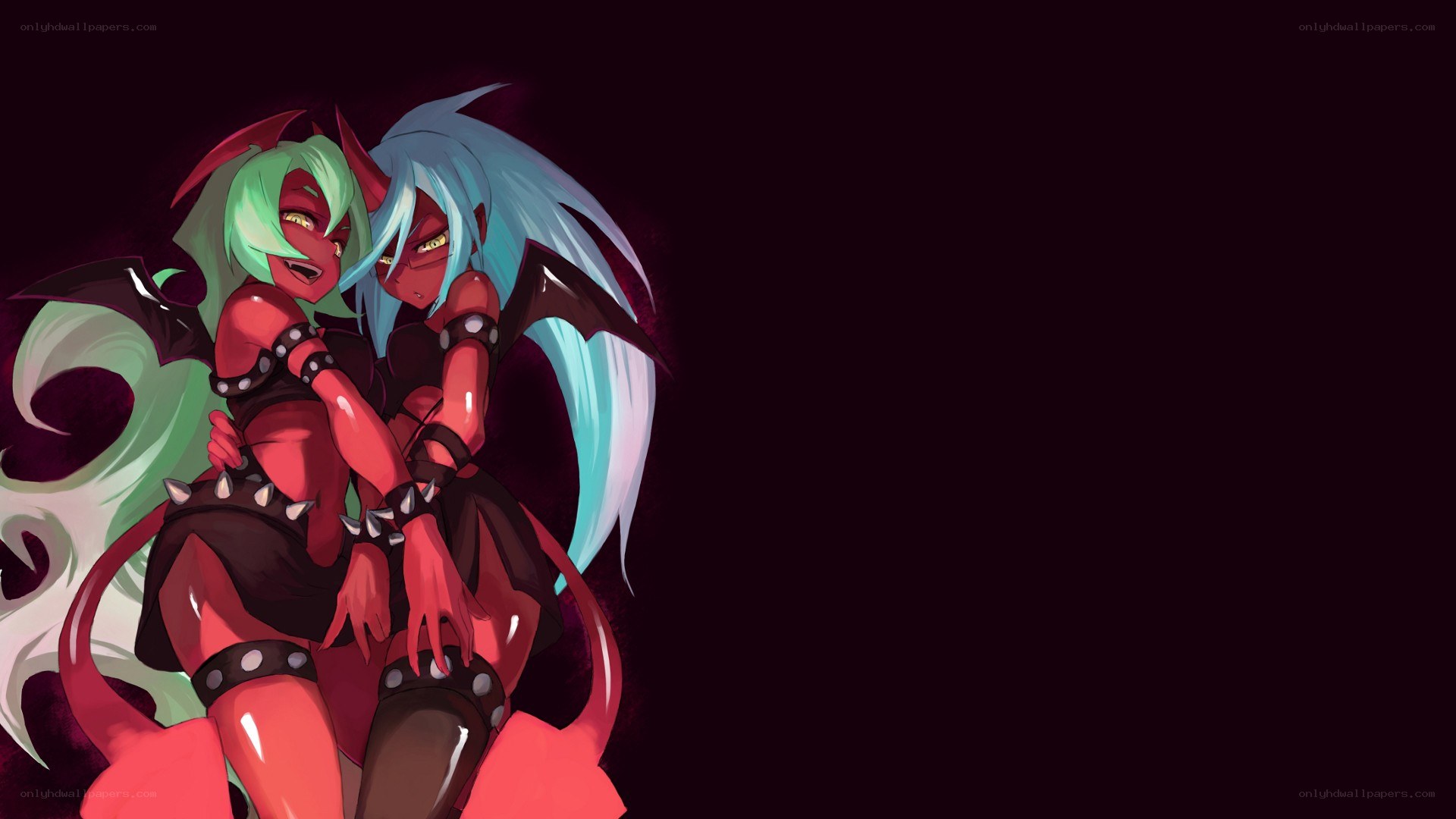 two demon girls embracing
