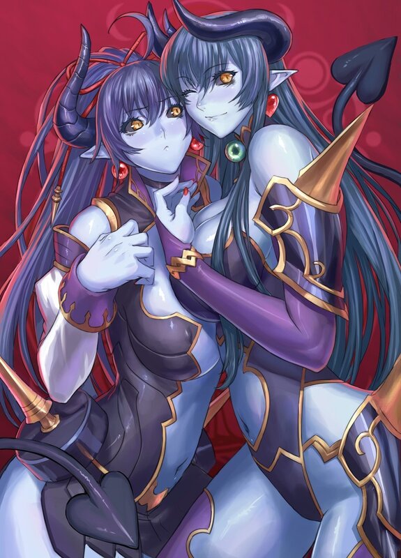 two demon girls hugging