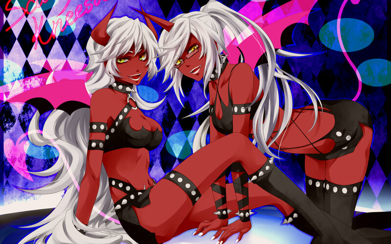 two demon girls in red outfits