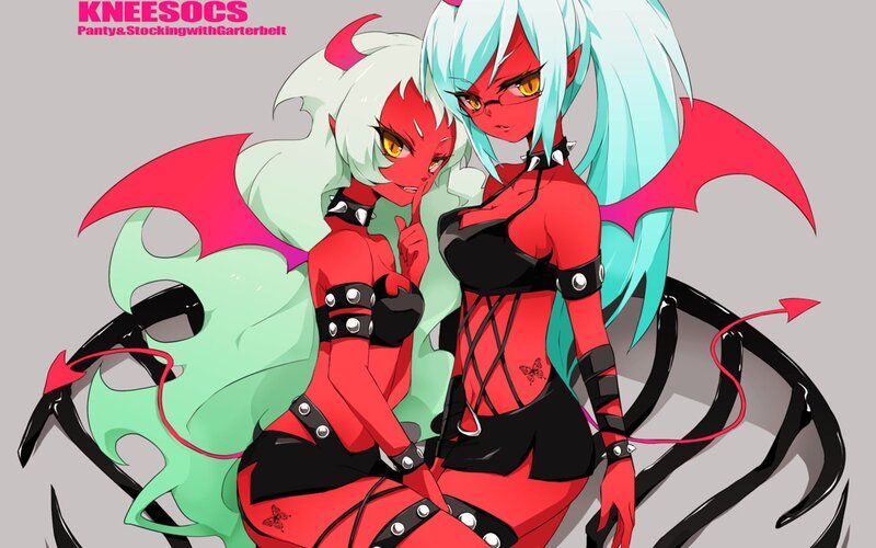 two demon girls in red outfits