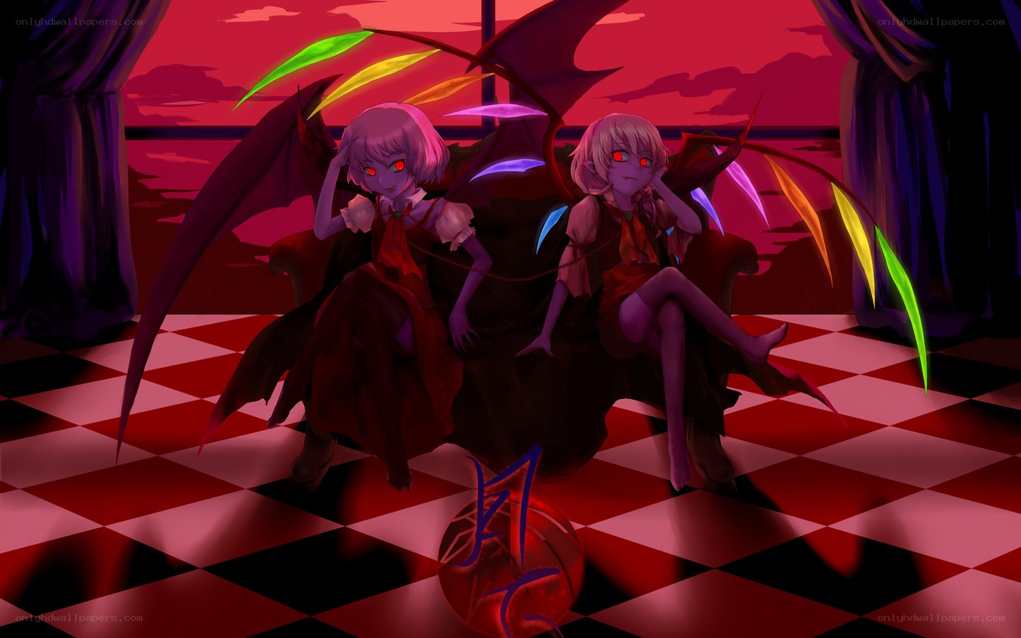 two demon girls on a throne