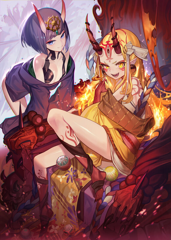Two Demon Girls Sitting — Red