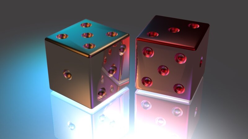 Two Dice on Reflective Surface — Blue, Dramatic, 3d Render