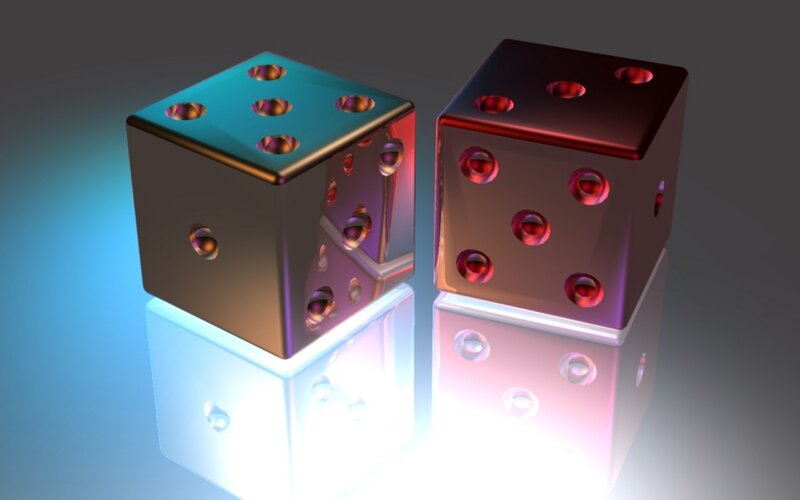 Two Dice on Reflective Surface — Blue, Dramatic