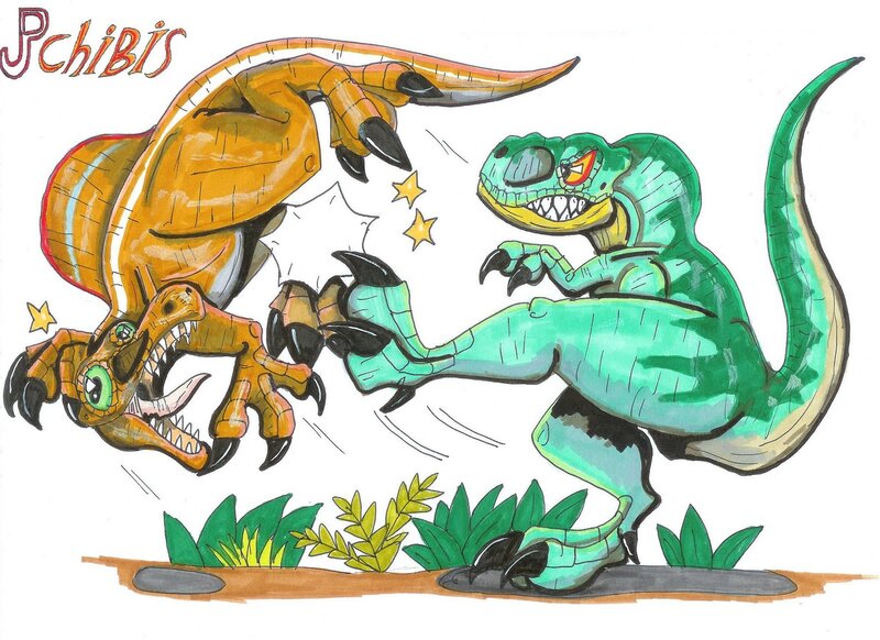 Two Dinosaurs Fighting — Green
