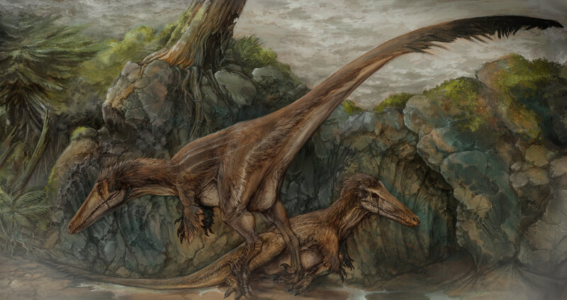 Two dinosaurs in a forest