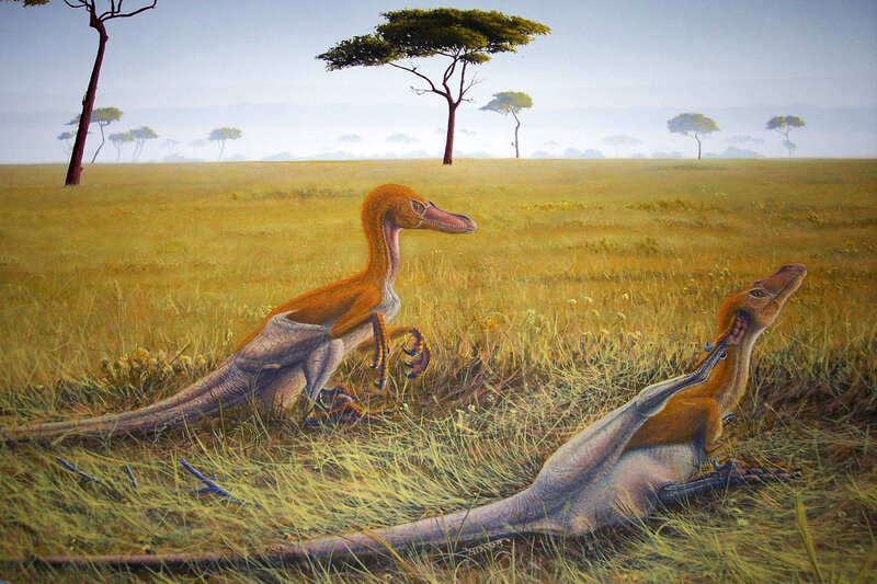 Two dinosaurs in a savanna