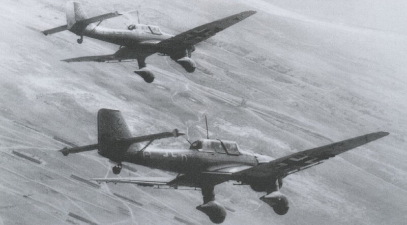 Two dive bombers in flight
