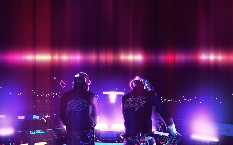 Two DJs at a Concert — Purple, Energetic, Night, Digital Art, Hats, Headphones