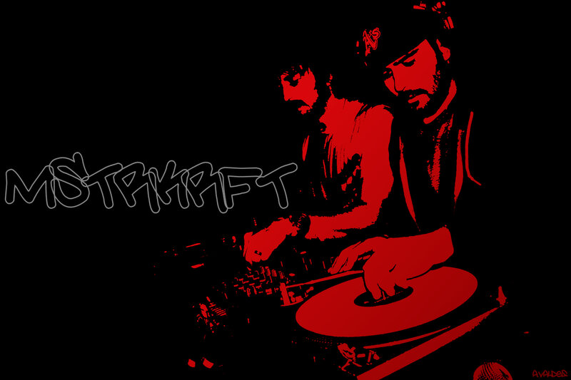 Two DJs at Turntables — Red, Dramatic