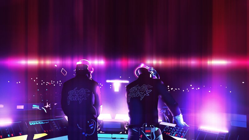 Two DJs on Stage — Purple, Energetic, Night, Digital Art, Helmets, Music Equipment